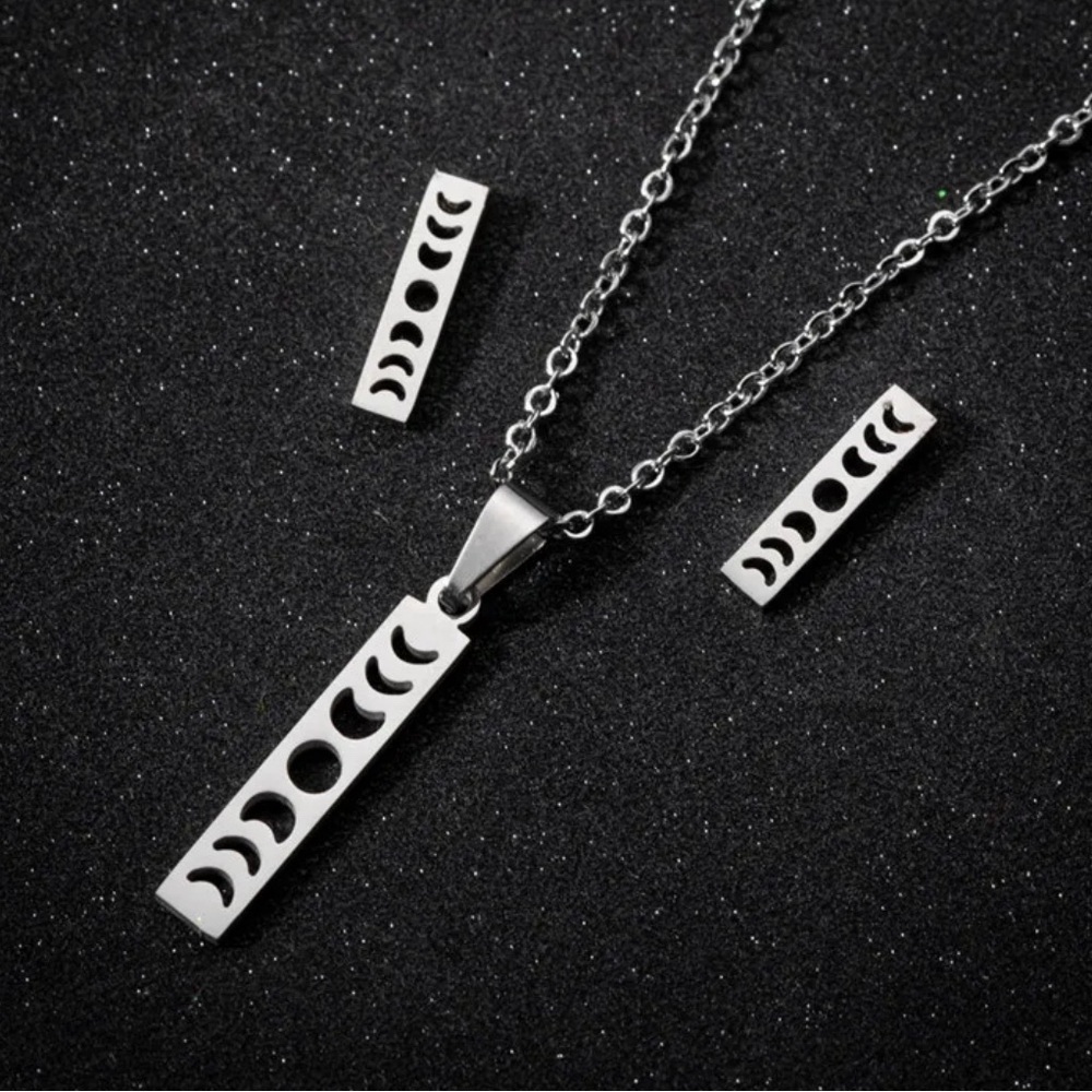 18K White Gold Vertical Moon Phases Symbols Bohemian Necklace and Earrings Set